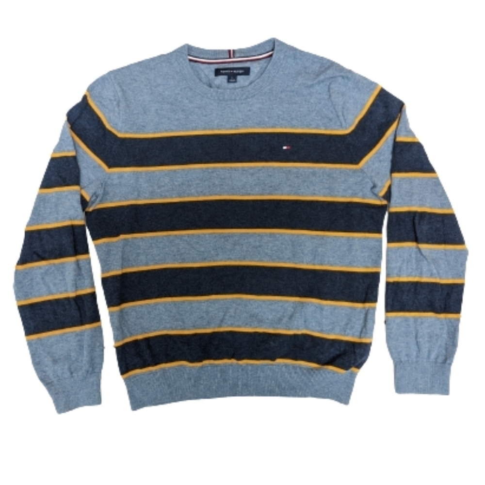Tommy Hilfiger men's grey and navy striped pullover sweater size M